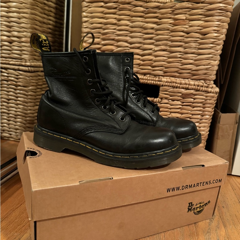 Dr. Martens Black Leather Boots with Yellow Stitching